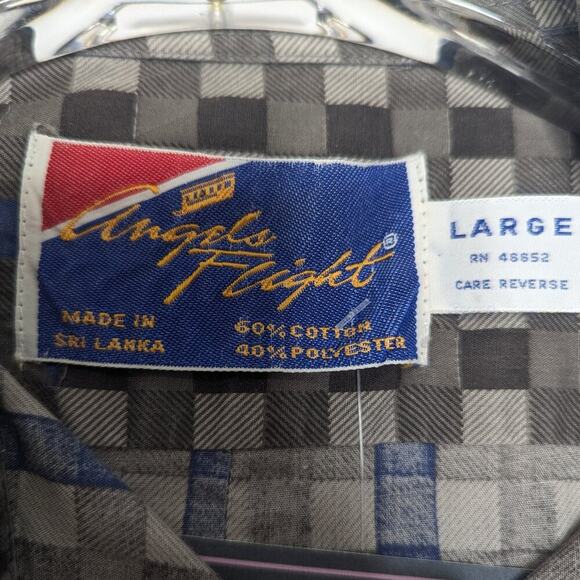 Vintage 70's Gray Blue Check Plaid Long Sleeve Button Up Shirt Front Pocket L - Picture 3 of 8